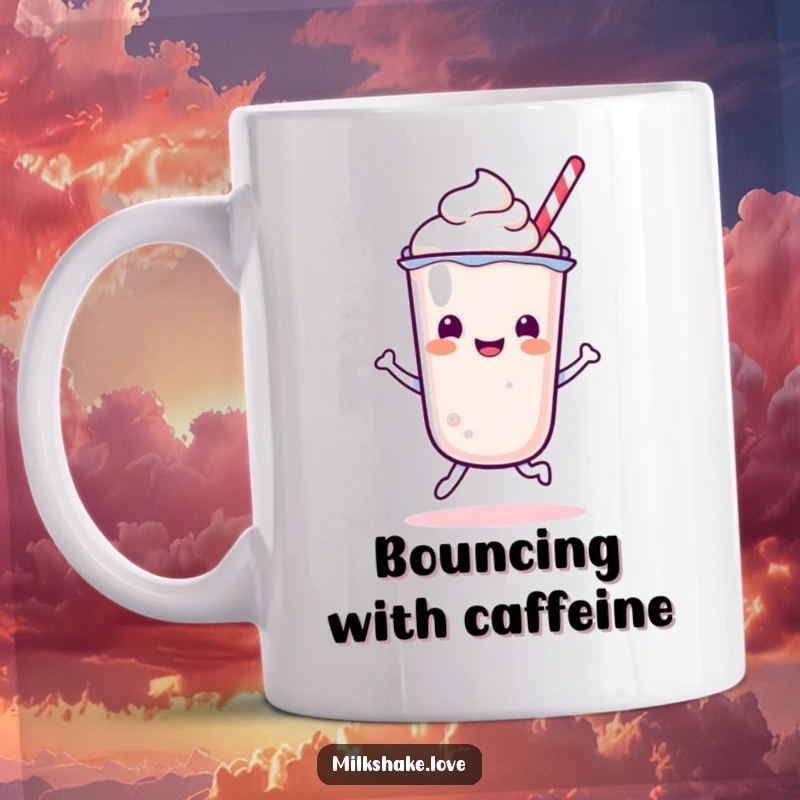 Funny Kawaii Milkshake character captured mid-bounce with pure joy on a delightful mug.