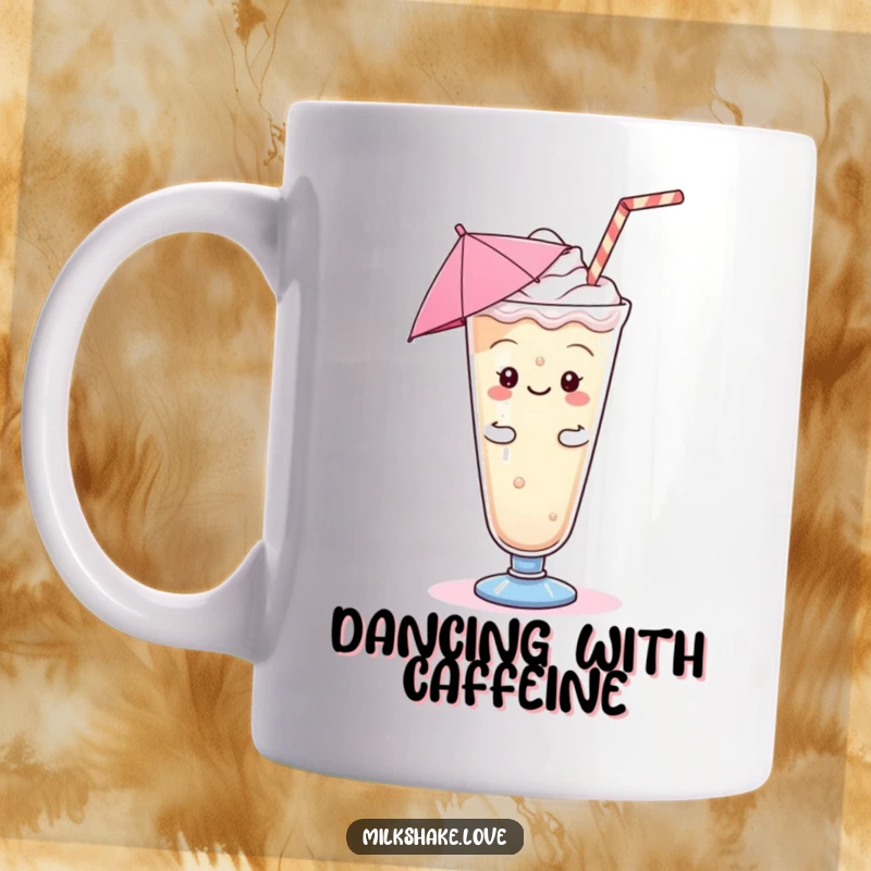 Funny Kawaii Milkshake Mug: A kawaii milkshake with a tiny umbrella doing a silly jig, full of playful energy.