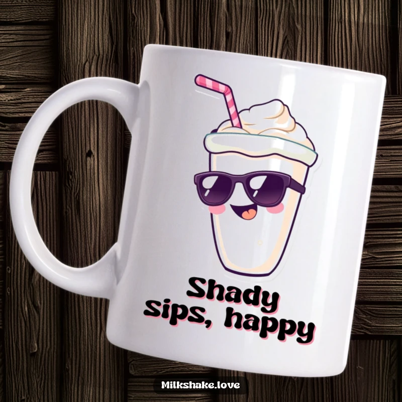 Funny kawaii milkshake character with a wide grin, sporting cool sunglasses, exuding confidence and happiness on a ceramic mug.