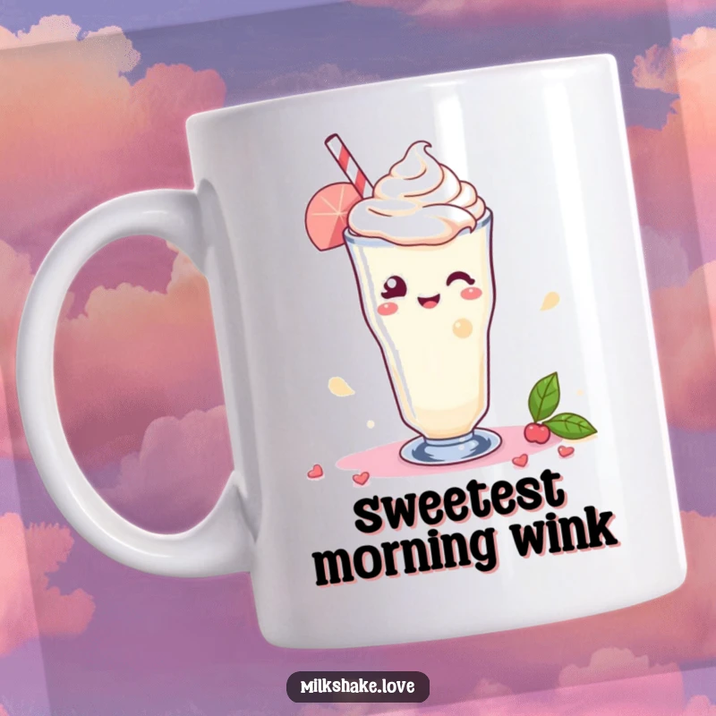 Funny Mug featuring a Kawaii milkshake winking playfully with a swirl of colorful delight, exuding charm and sweetness.