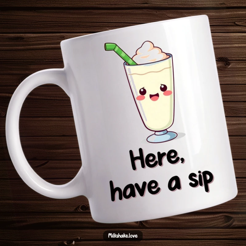 Funny kawaii milkshake mug featuring a cute glass offering a giant straw with enthusiasm, perfect for a delightful beverage experience.