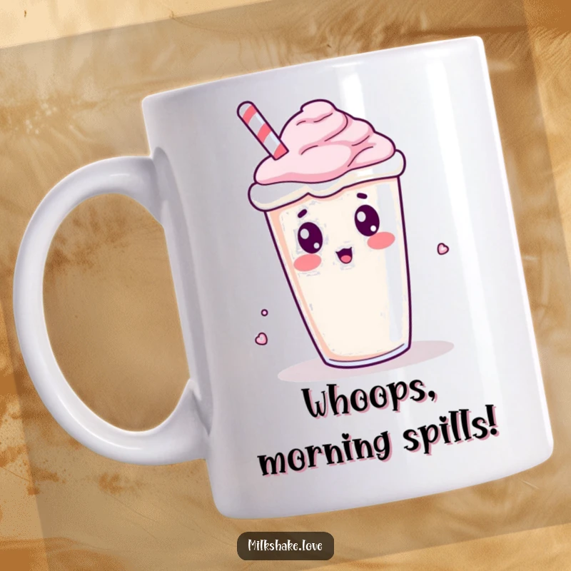 Funny Kawaii Milkshake Mug: A surprised face on a tipping milkshake, spilling its contents, perfect for a laugh.