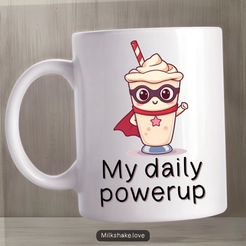 Funny Kawaii milkshake character dressed as a superhero, bursting with energy from a cup, ready for action.