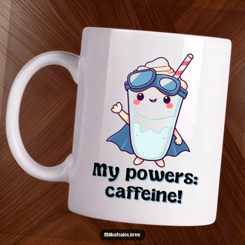 Funny Kawaii milkshake character dressed as a superhero, striking a heroic pose within its cup.