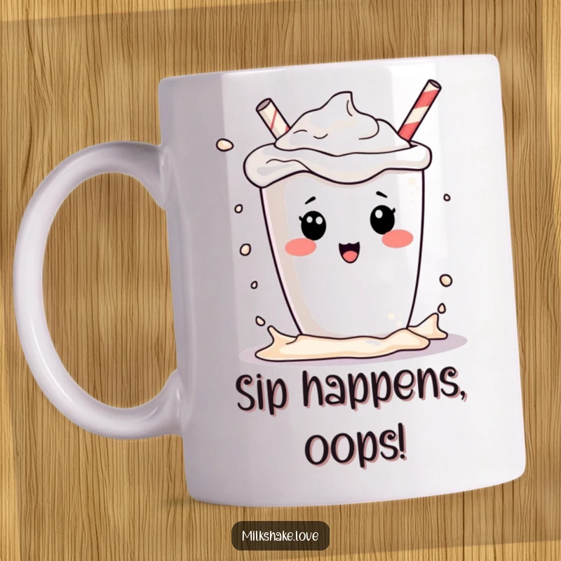 Funny kawaii milkshake character playfully splashing a bit of its contents, on a fun and vibrant mug.
