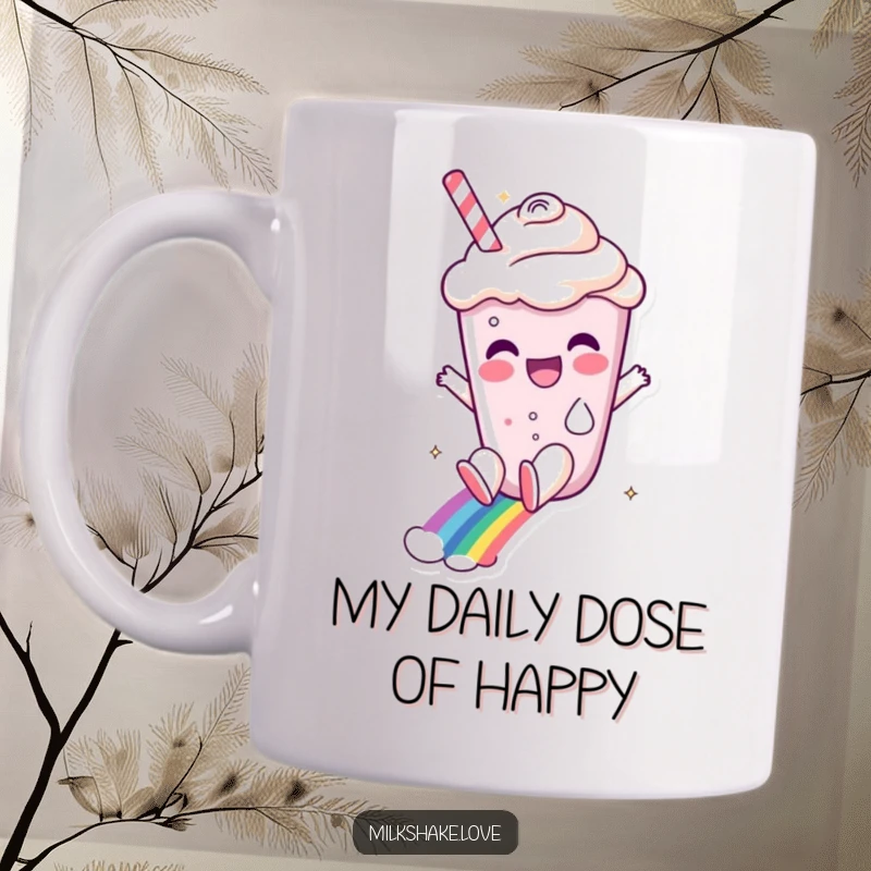Funny milkshake character gleefully sliding down a vibrant rainbow on a ceramic mug, bringing pure joy and sugary delight.