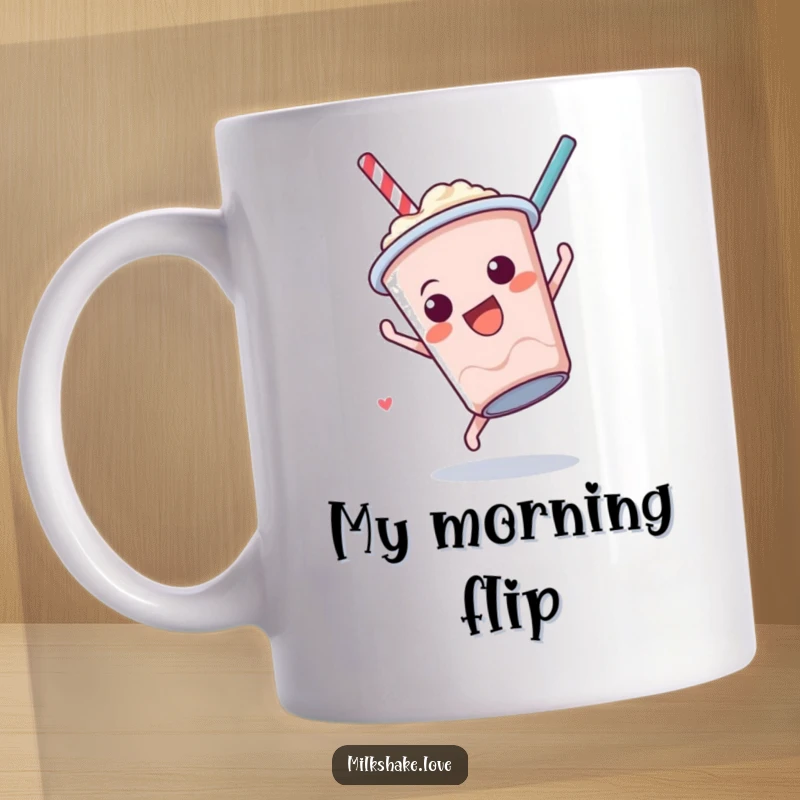 Funny Milkshake Somersault Mug showing a small anthropomorphic milkshake cup performing a fun somersault, a perfect humorous gift.