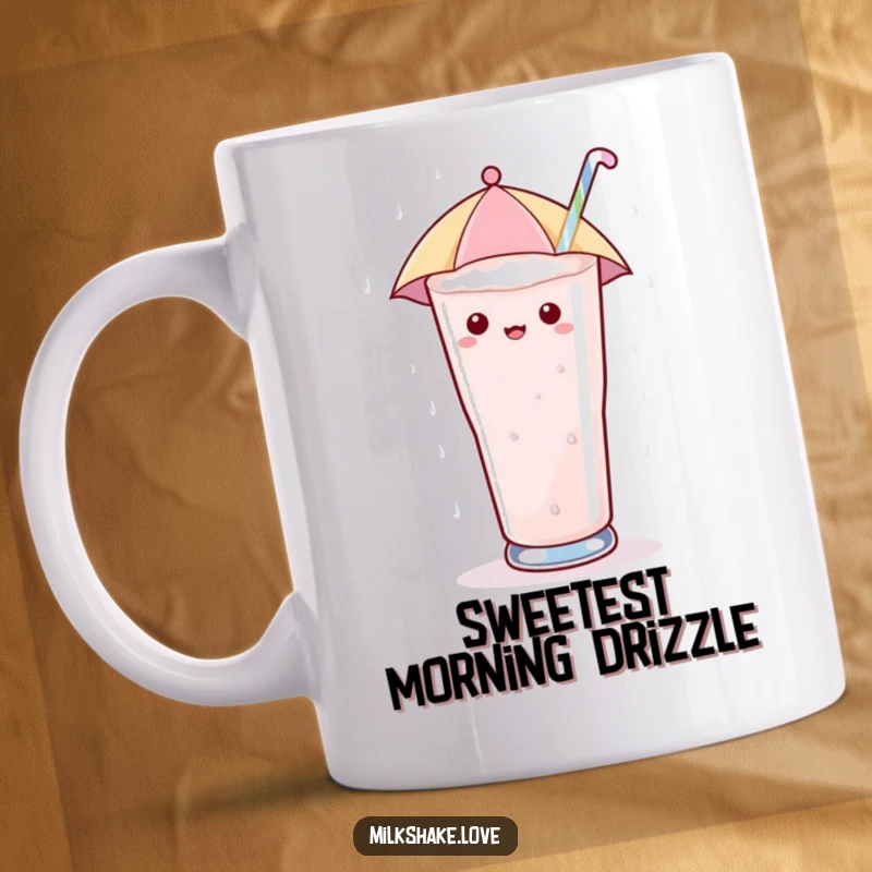 Funny Mug with a kawaii milkshake glass holding a tiny umbrella, enjoying a shower of sugary drops, symbolizing a sweet, protected moment.