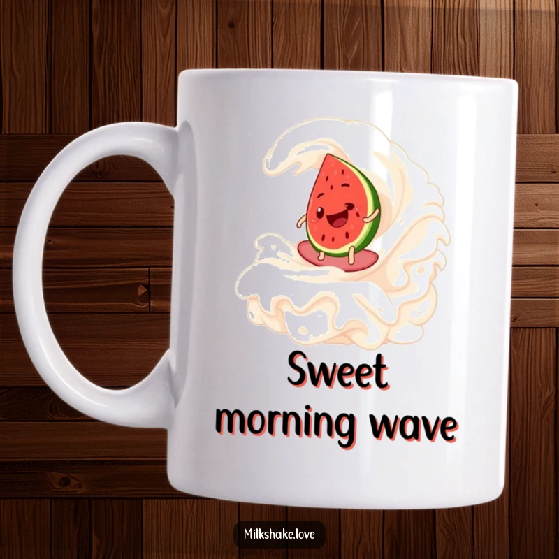 Funny Watermelon Surf Mug featuring a smiling watermelon slice joyfully surfing atop a frothy whipped cream wave, capturing pure summer fun.