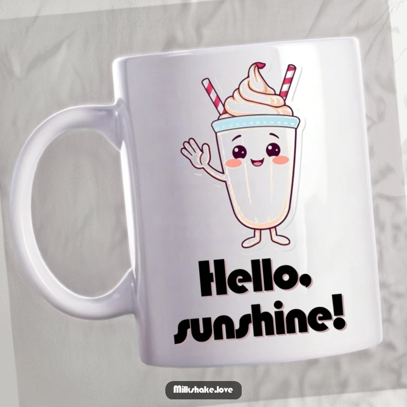 Funny mug with a happy milkshake character giving a friendly wave with its whipped cream topping.
