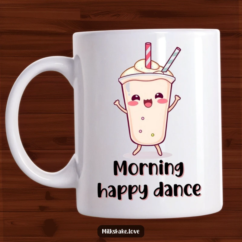 Funny Mug featuring a Kawaii milkshake doing a playful shimmy dance with its straw wiggling and dancing energetically.