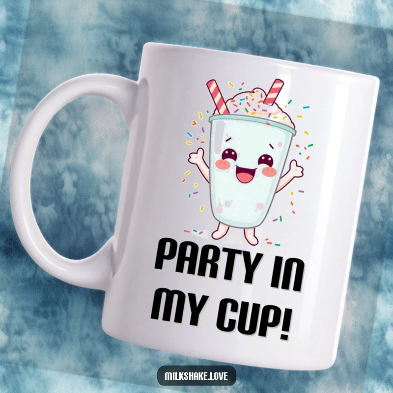 Funny mug with a happy milkshake character cheering as colorful sprinkles explode around it.