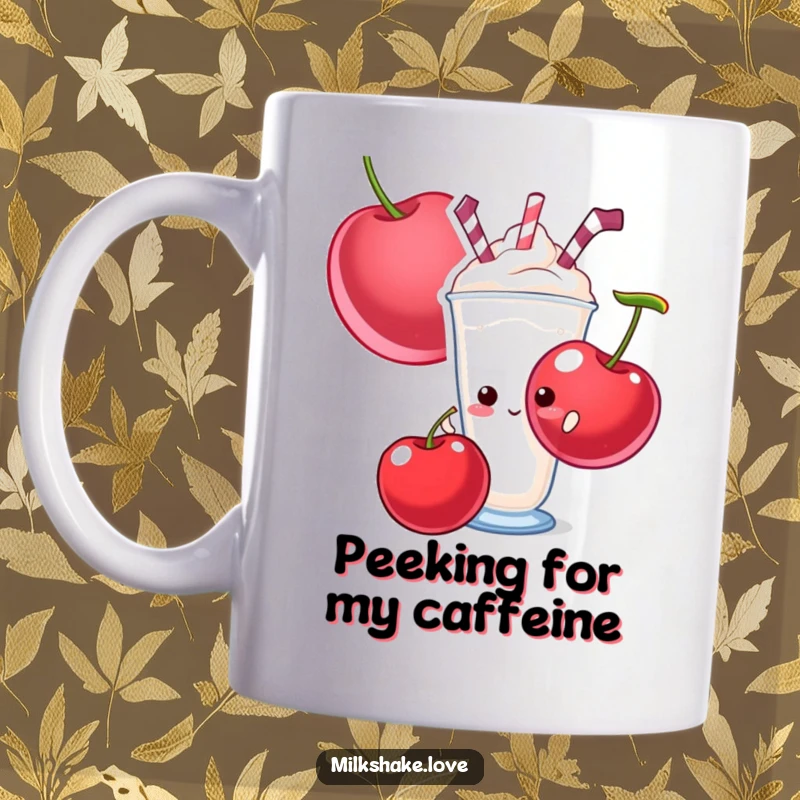 Funny ceramic mug featuring a shy milkshake character peeking from behind a comically large cherry, embodying sweet bashfulness.