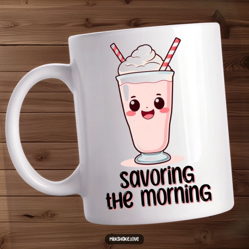 Funny Kawaii Milkshake Mug: A kawaii milkshake with a big smile taking a big sip, radiating happiness.