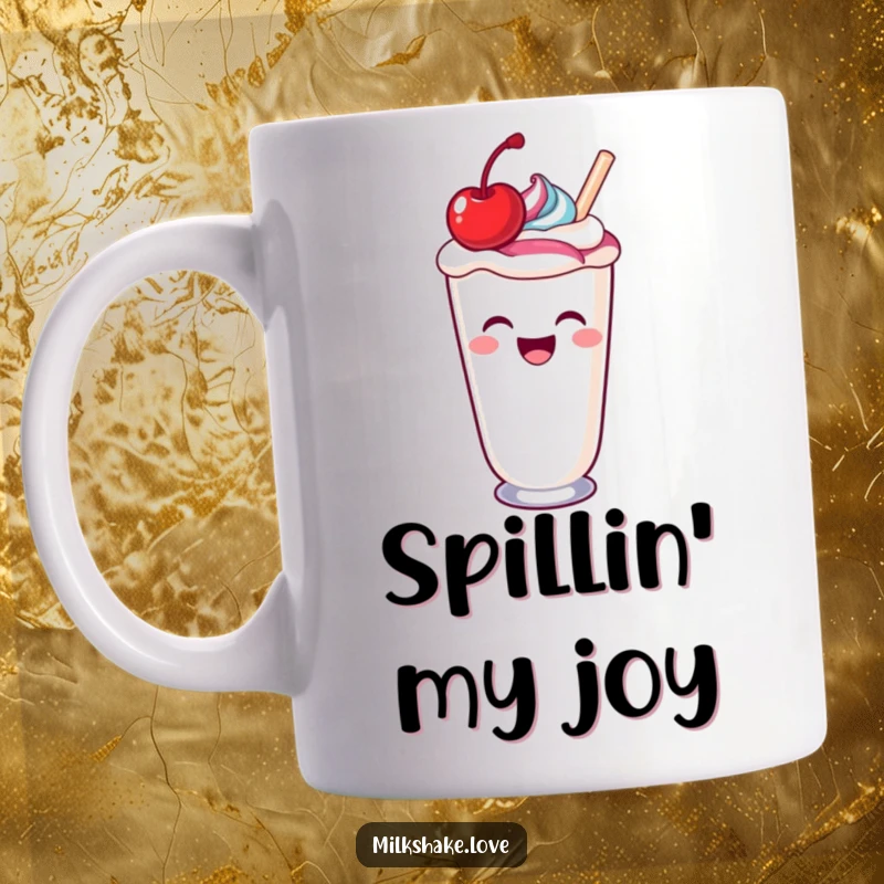 Funny laughing kawaii milkshake glass with a cherry on top, spilling a colorful swirl, a sweet gift mug.