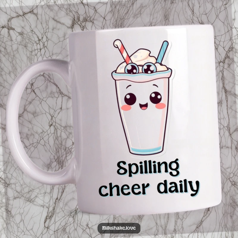 Funny anthropomorphic milkshake with silly eyes playfully tipping over, a comical and relatable scene on a ceramic mug.