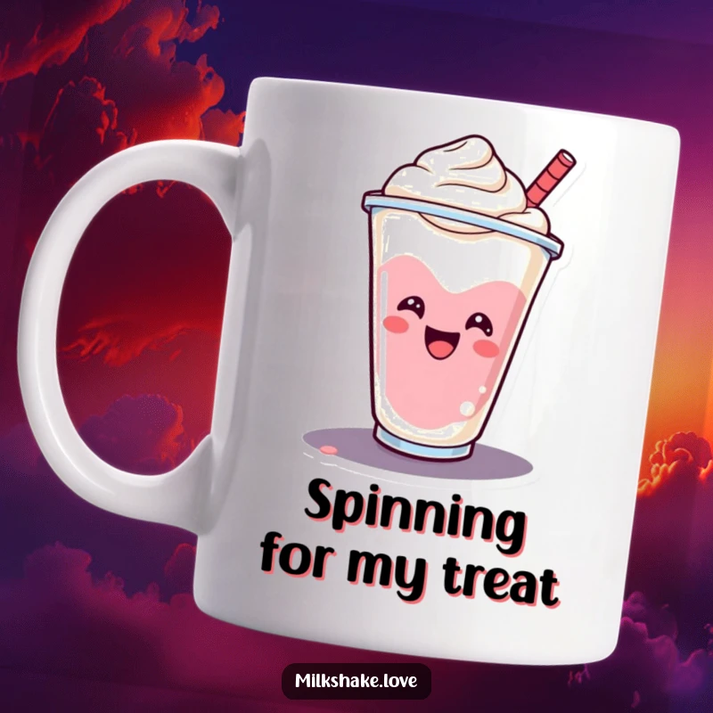 Funny smiling milkshake cup doing a cheerful spin, full of sweet energy on this ceramic mug.