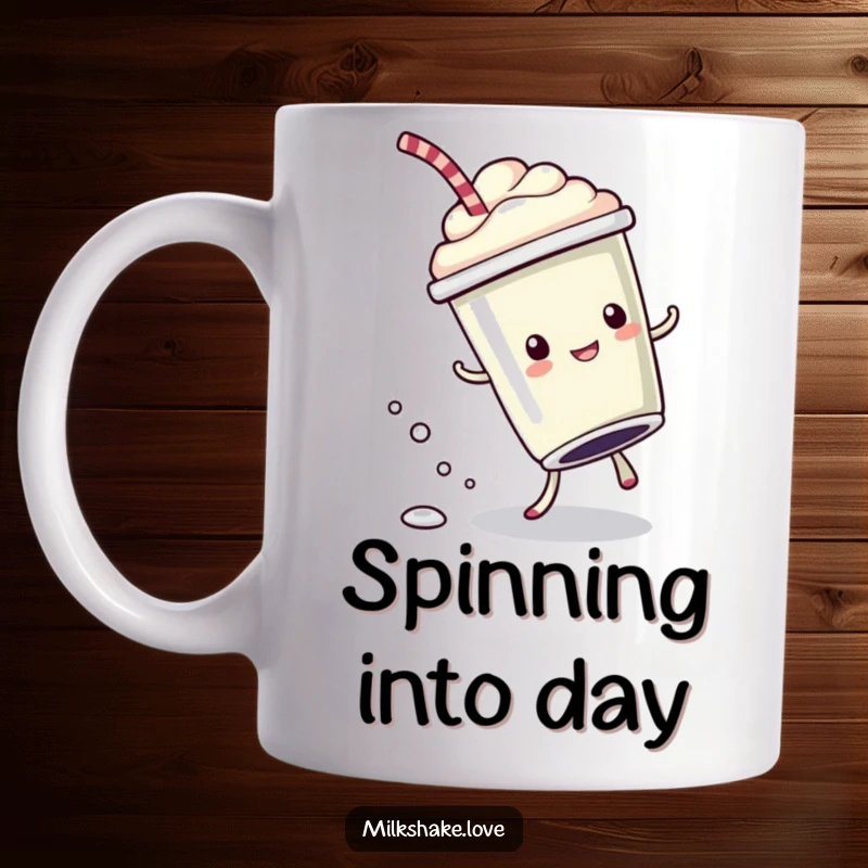 Funny Mug with a kawaii milkshake cup performing an energetic cartwheel, leaving a trail of bubbly drops, embodying fun.
