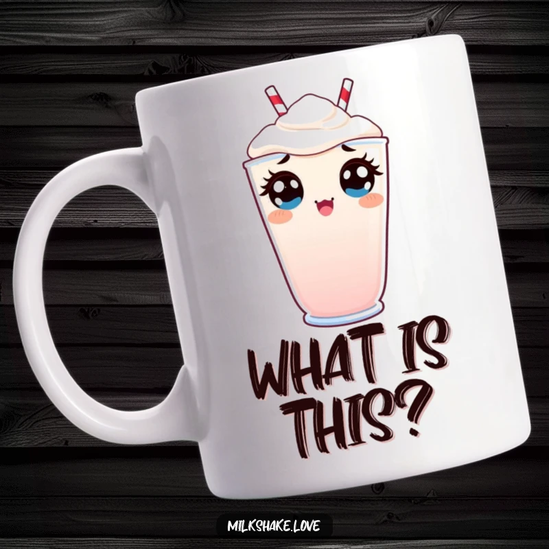 Funny Mug featuring a Kawaii milkshake with large, wide eyes peeking over the rim in a comical state of surprise.