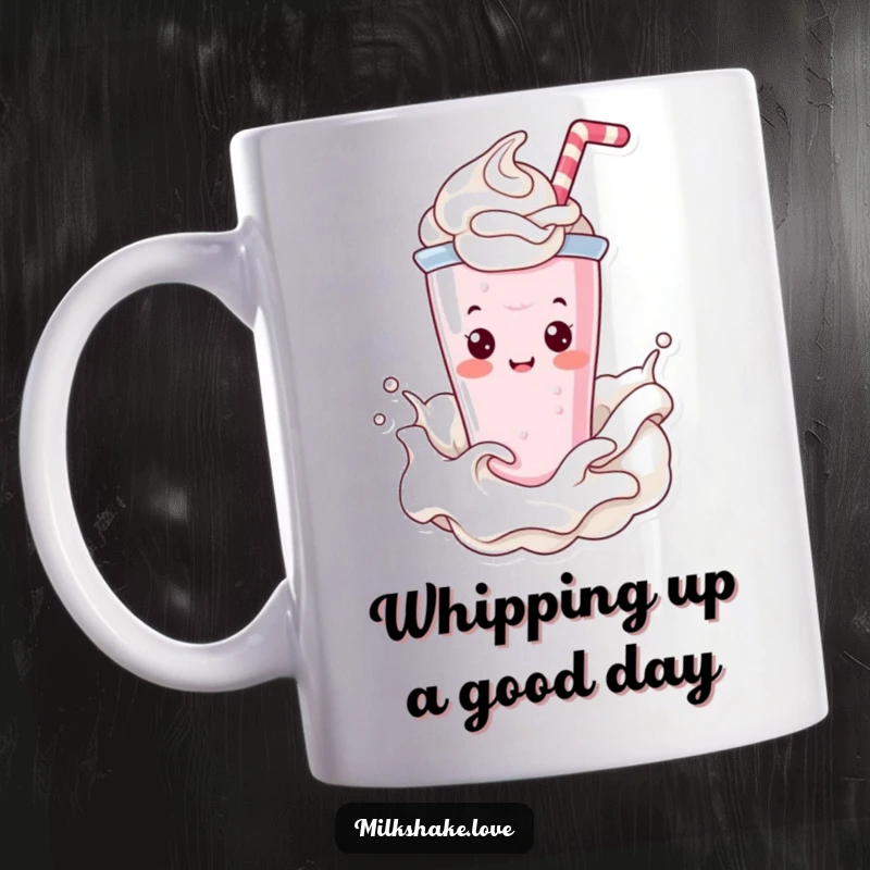 Funny Kawaii Milkshake Mug depicting a character joyfully splashing through a generous swirl of whipped cream.
