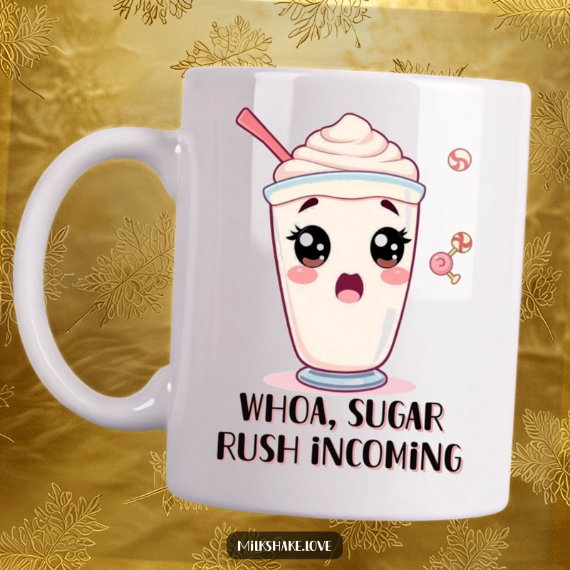 Funny mug featuring a surprised milkshake character with wide, shocked eyes watching a tiny candy float by in disbelief.
