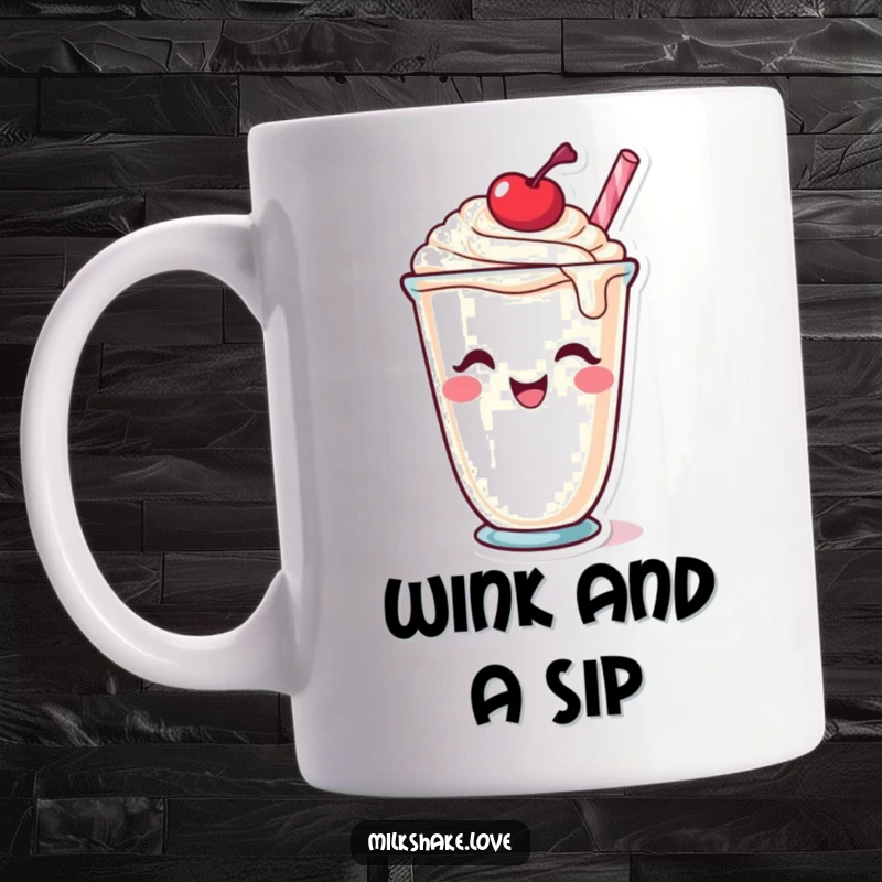 Funny Mug: A milkshake cup character winking playfully, with a cherry perched on its head, exuding charm and mischief.