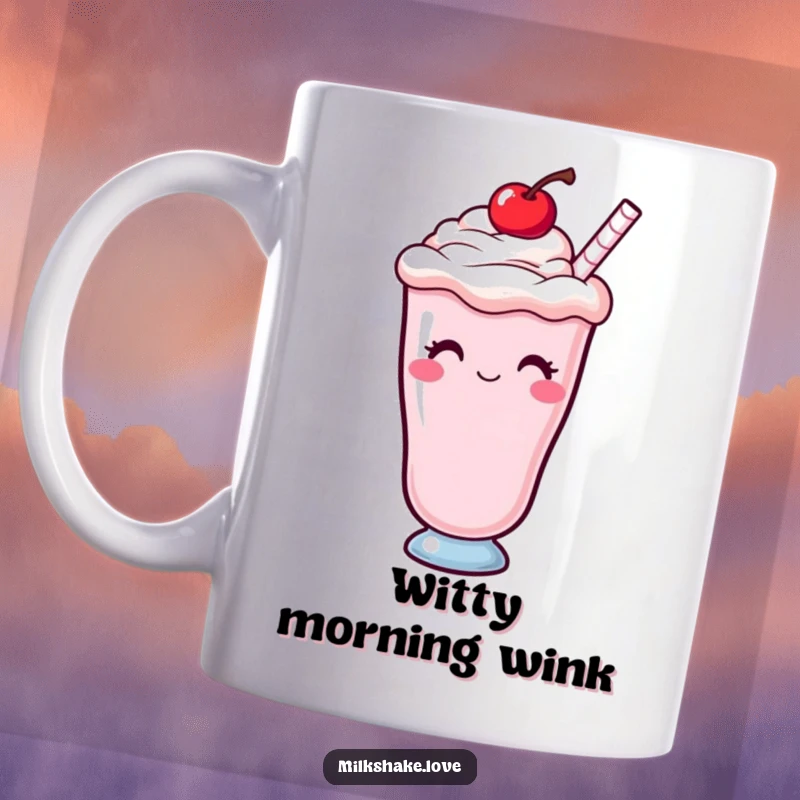 Funny Kawaii milkshake with a cherry on top, giving a charming wink, exuding sweet and playful personality.