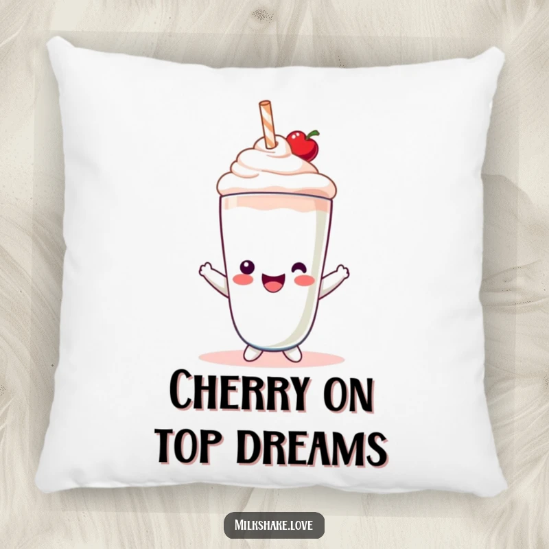 Funny Pillow featuring a cute Kawaii milkshake character wearing a tiny cherry hat, offering maximum comfort and sweetness.
