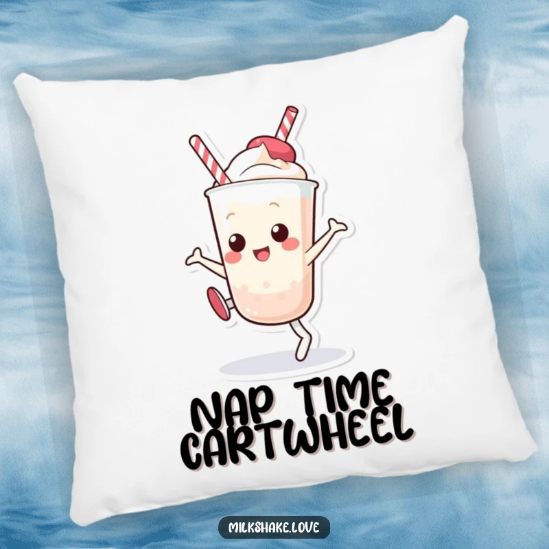 Funny Kawaii Milkshake Pillow: A soft cushion featuring a happy cartoon milkshake doing a cartwheel, offering comfort and a touch of whimsy.