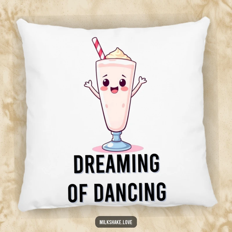 Funny Kawaii milkshake in a tall glass, dancing happily, featured on a soft pillow for sweet and cheerful comfort.