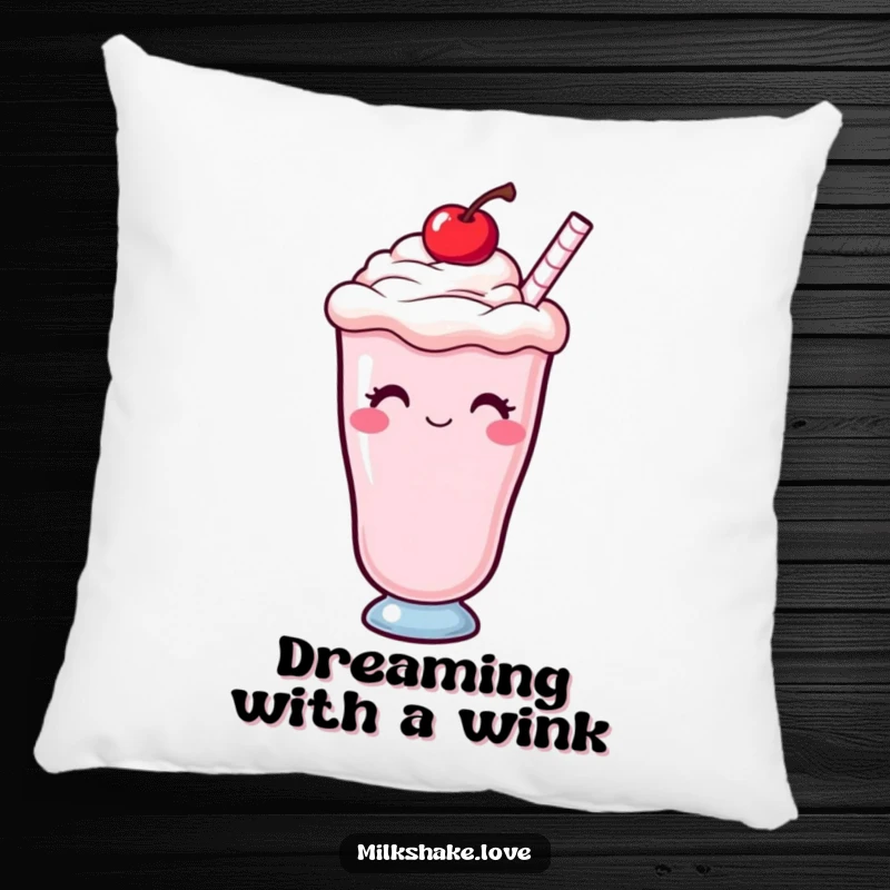Funny Kawaii milkshake with a cherry on top, winking, featured on a soft pillow for sweet and cheeky comfort.