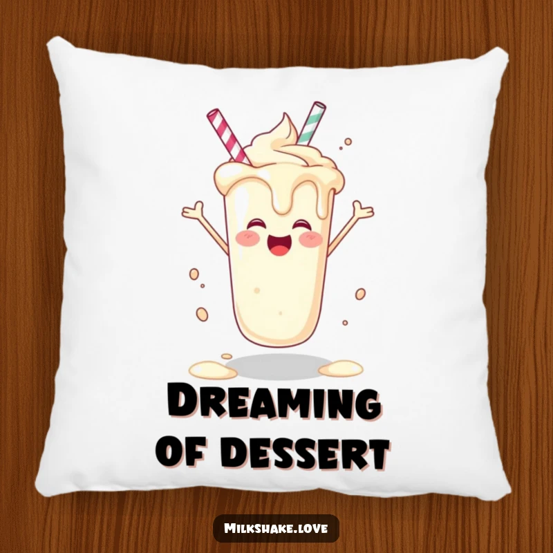 Funny joyful milkshake design on a soft pillow, spinning happily, a cheerful funny gift.