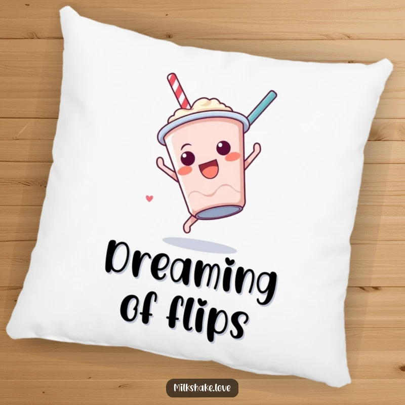 Funny Milkshake Somersault Pillow with a cute anthropomorphic milkshake cup performing a fun somersault, offering cozy charm and humor.
