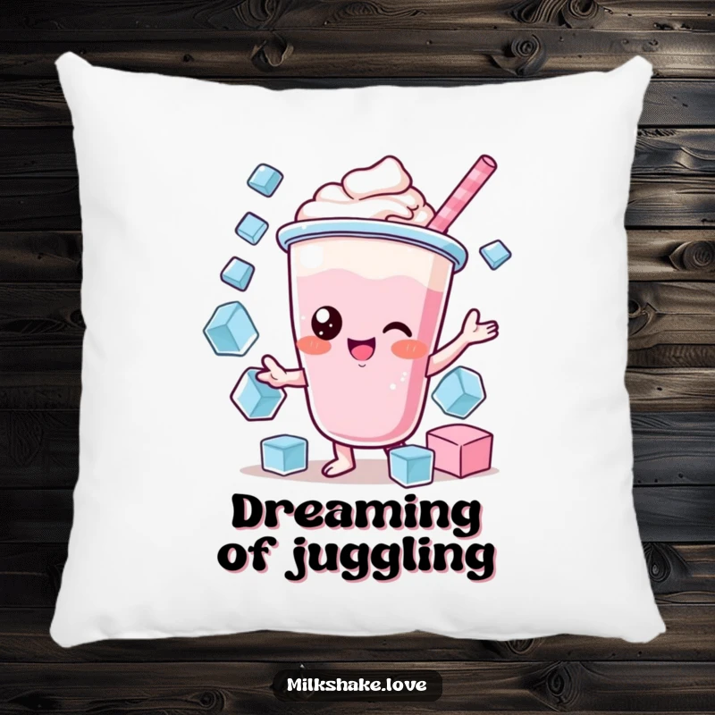 Funny Kawaii Milkshake Pillow: A kawaii milkshake character juggling ice cubes, a comfortable and humorous accent piece.