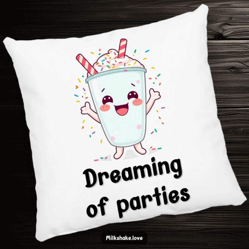 Funny pillow with a cheerful milkshake character cheering with exploding colorful sprinkles.