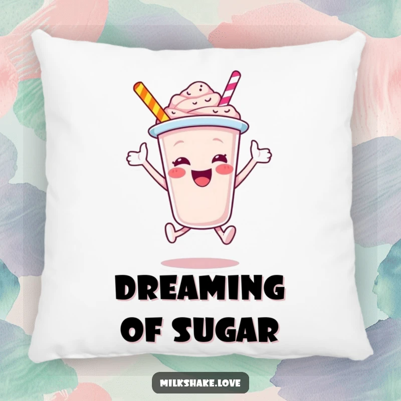 Funny Milkshake Cup Pillow, a jubilant cartoon character joyfully leaping, providing a soft and humorous accent for sofas and beds, full of fun.