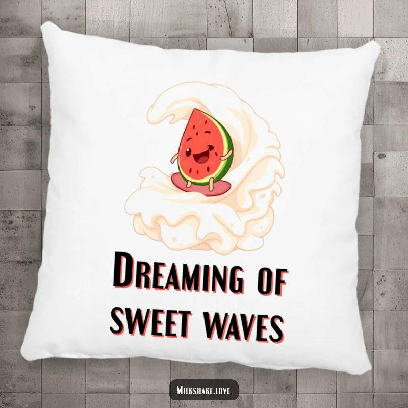 Funny Watermelon Surf Pillow featuring a smiling watermelon slice riding a whipped cream wave, offering cozy comfort and summer vibes.