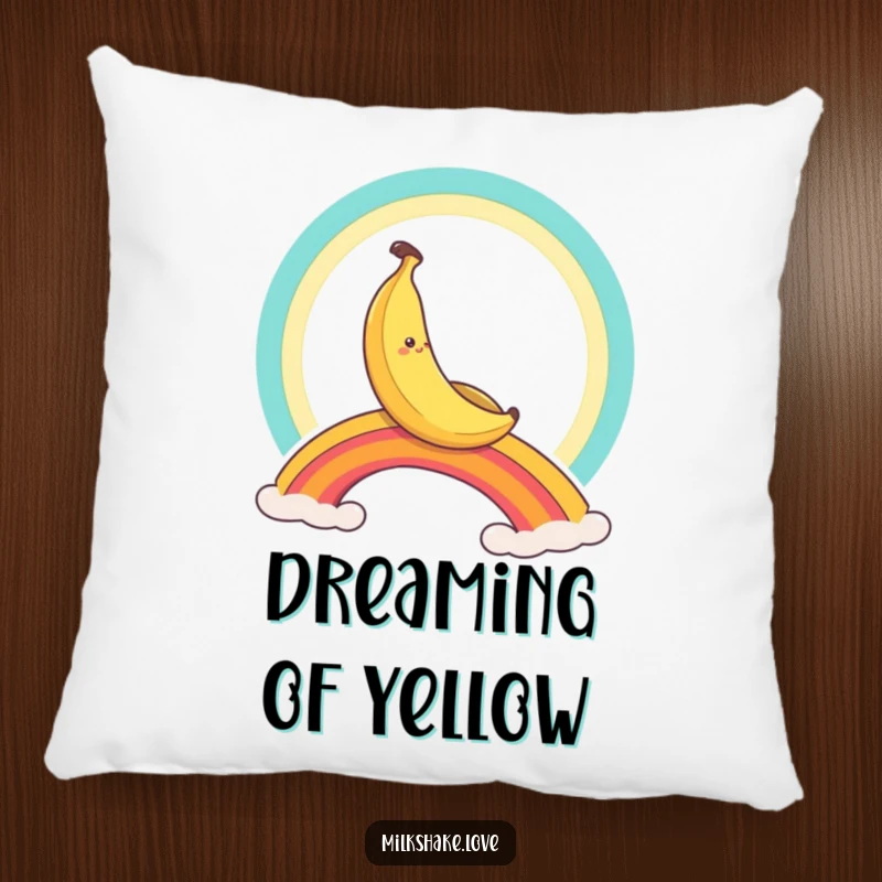 Funny banana character descending a rainbow, a soft and humorous pillow for cozy comfort.