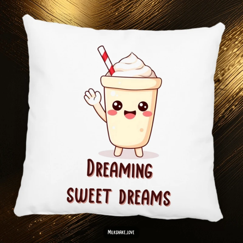 Funny Pillow with a petite Kawaii milkshake, happy and bubbly, waving a friendly hello, perfect for a touch of cute comfort.