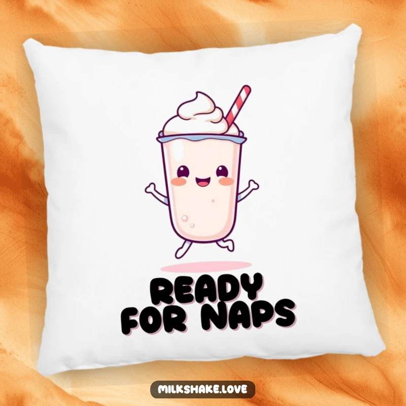 Funny Kawaii Milkshake character in a happy, spirited bounce on a soft and comfy throw pillow.
