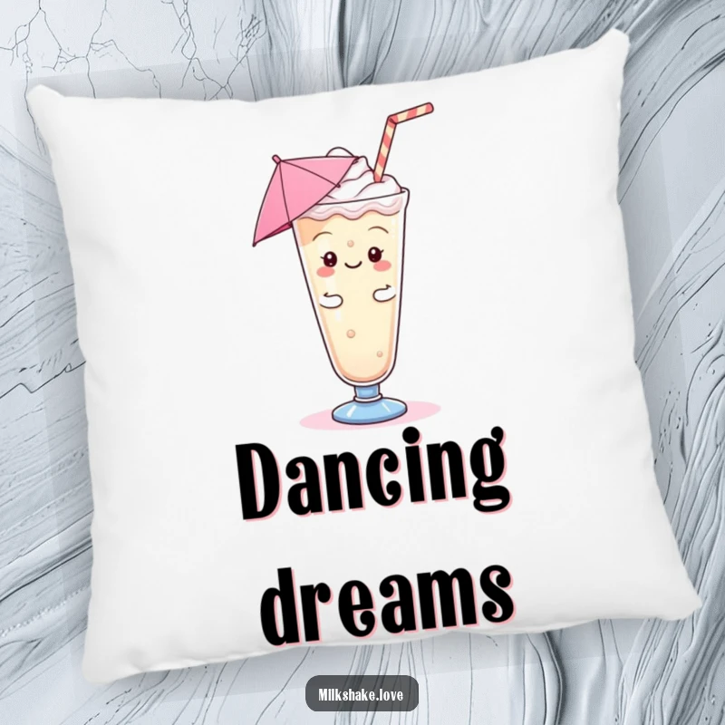 Funny Kawaii Milkshake Pillow: A kawaii milkshake with an umbrella doing a jig, a comfortable and humorous accent.