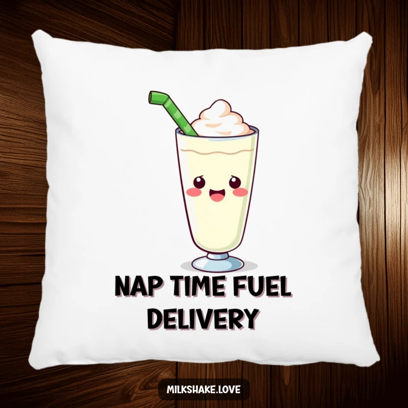 Funny kawaii milkshake pillow featuring a cute glass enthusiastically offering a giant straw, perfect for adding cheerful and soft decor.