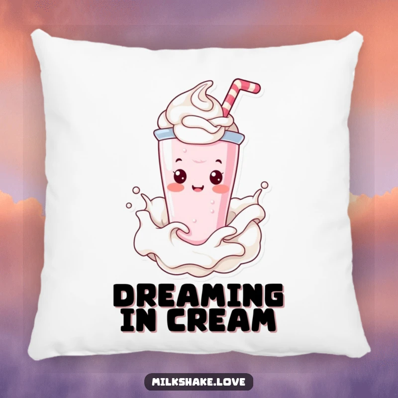 Funny Pillow featuring a cute Kawaii milkshake character happily splashing through whipped cream, offering maximum comfort.