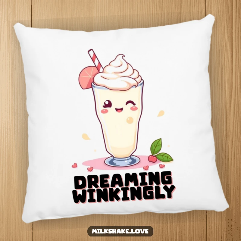 Funny Pillow featuring a Kawaii milkshake giving a playful wink, with a colorful swirl of delight adding a charming and soft touch.