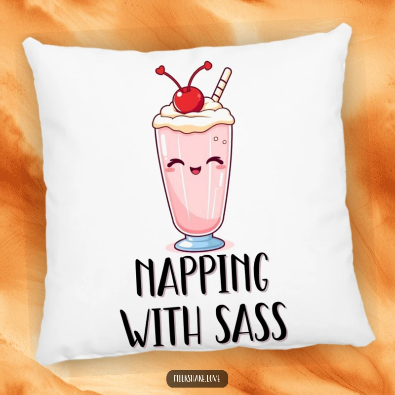 Funny Kawaii milkshake pillow, a plush cushion showing a beverage winking playfully, ideal for comfort and whimsical decor.