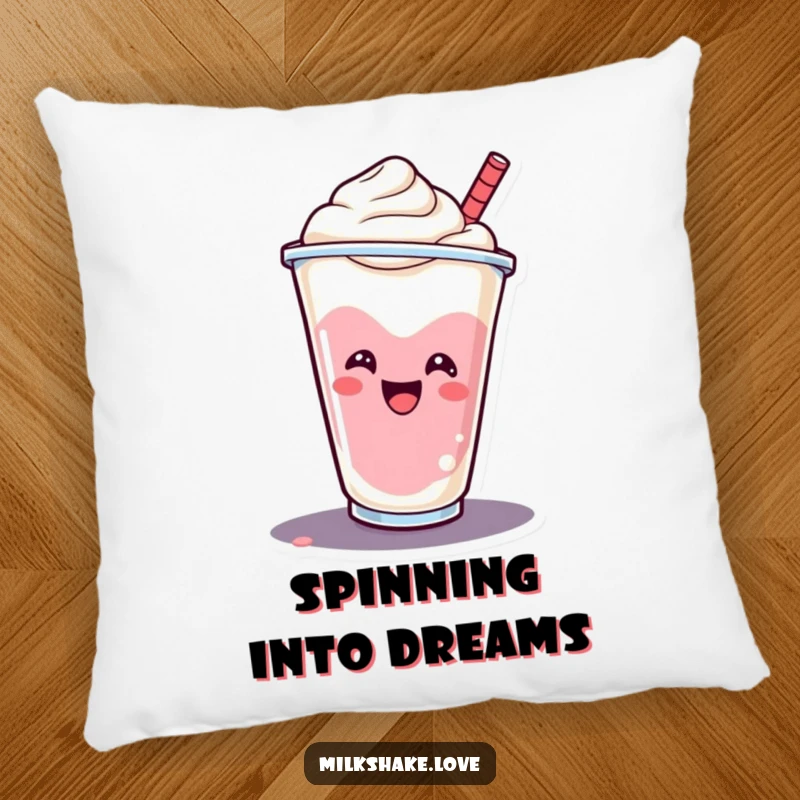 Funny smiling milkshake cup doing a cheerful spin, printed on a soft pillow for ultimate comfort.