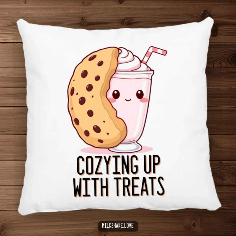 Funny kawaii milkshake pillow featuring a shy milkshake peeking from behind a giant cookie, perfect for adding sweet and soft decor.