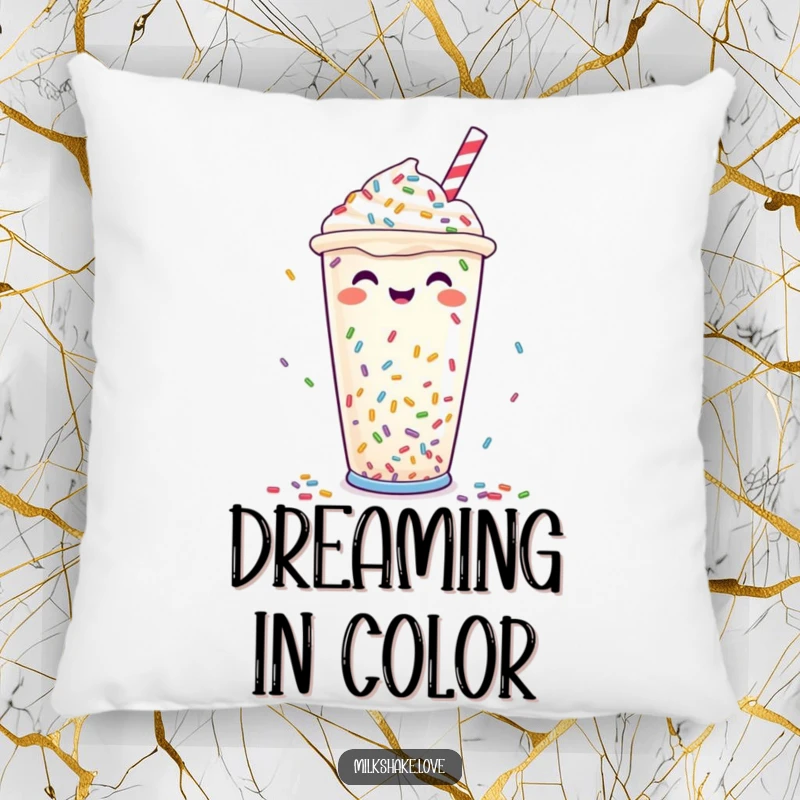 Funny Pillow: A plush cushion showcasing a vibrant milkshake cup with a shower of colorful sprinkles, perfect for cozying up.