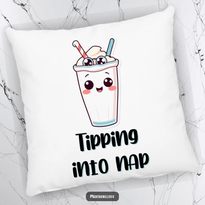 Funny anthropomorphic milkshake with silly eyes playing it cool while tipping over, a humorous and comfortable decorative pillow.