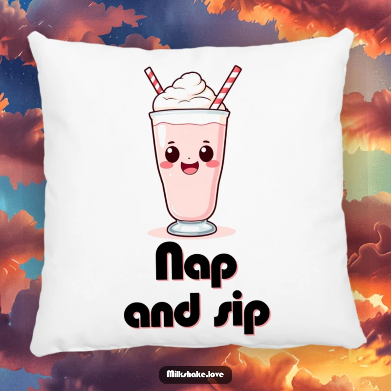 Funny Kawaii Milkshake Pillow: A kawaii milkshake with a big smile sipping, a comfortable and humorous accent piece.